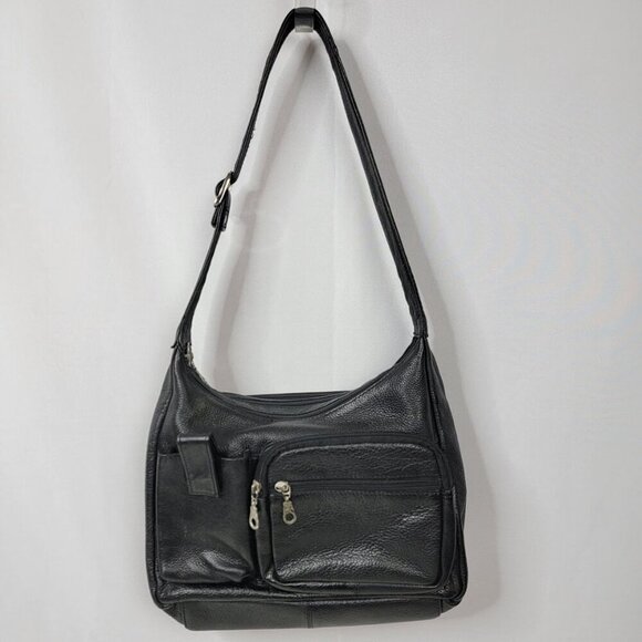Genuine Leather Black Shoulder Bag | Multi Pocket Crossbody Purse - Picture 1 of 15